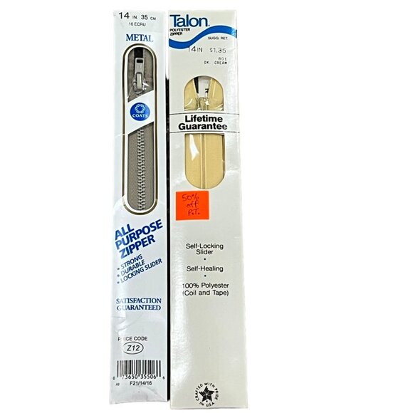 Coats & Talon Vintage Metal & Polyester Zippers - 14 Inches Ecru & Cream - Picture 1 of 2